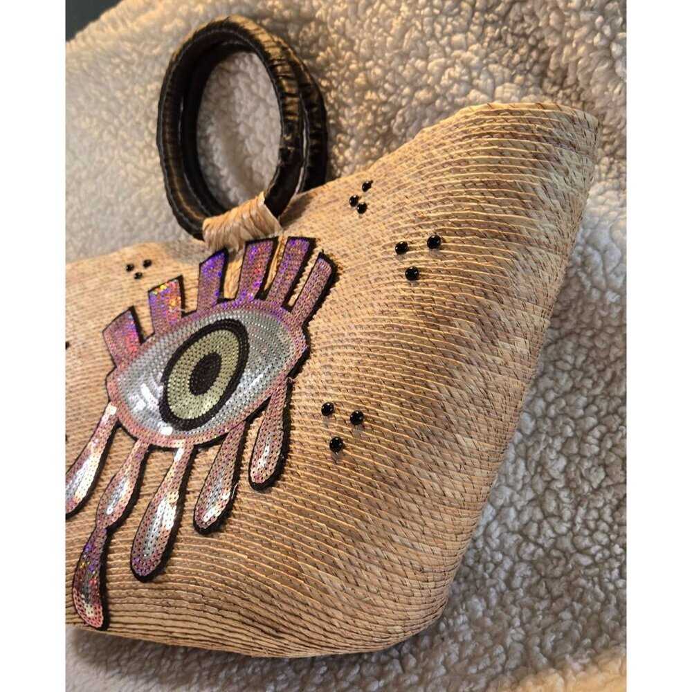 Vintage Handcrafted Straw "Evil Eye" Purple Sequin Beach Tote Purs - Picture 3 of 16